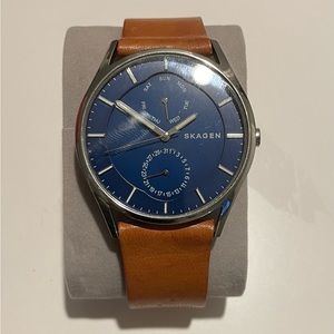 Skagen blue face watch with brown band